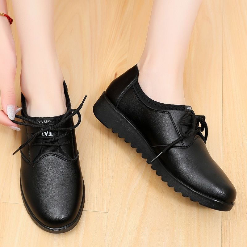 Leather Work Oxfords - Zapatos Oxford negros lisos para mujer,