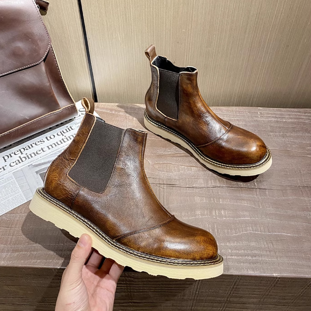 Leather Work Oxfords - Botas Chelsea Retro de cuero genuino