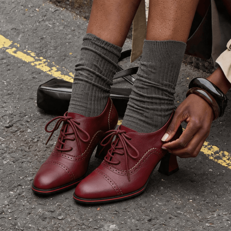 Leather Work Oxfords - Zapatos Oxford de tacón medio con